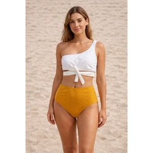 CUPSHE White One-Shoulder & Mustard High-Waisted Bikini Set | NWT - SIZE M